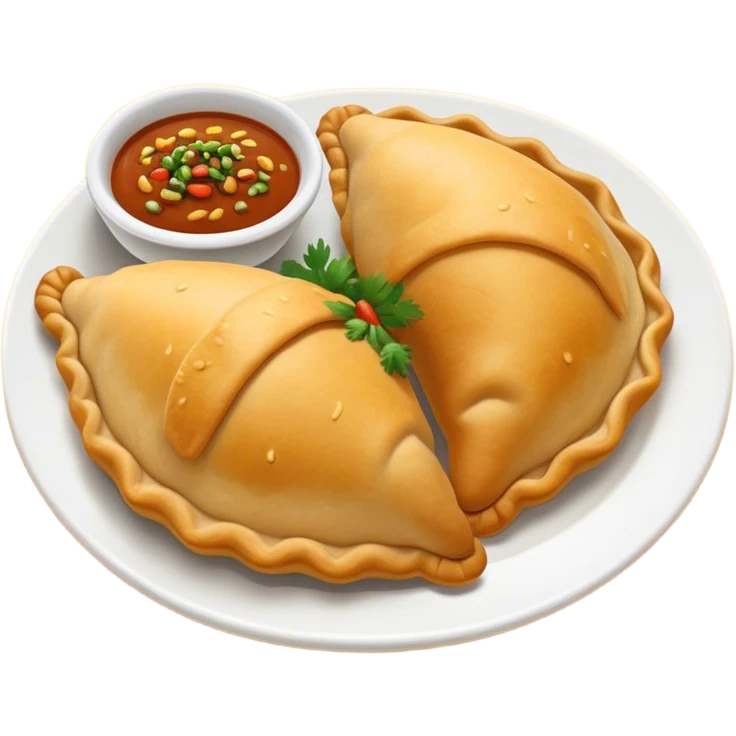 Cinematic Realistic Colombian Cornmeal Empanadas Emoji, showcasing the golden, crispy shell filled with savory meats and spices, served with a side of aji dipping sauce, rendered with vibrant textures and warm, inviting lighting. emoji
