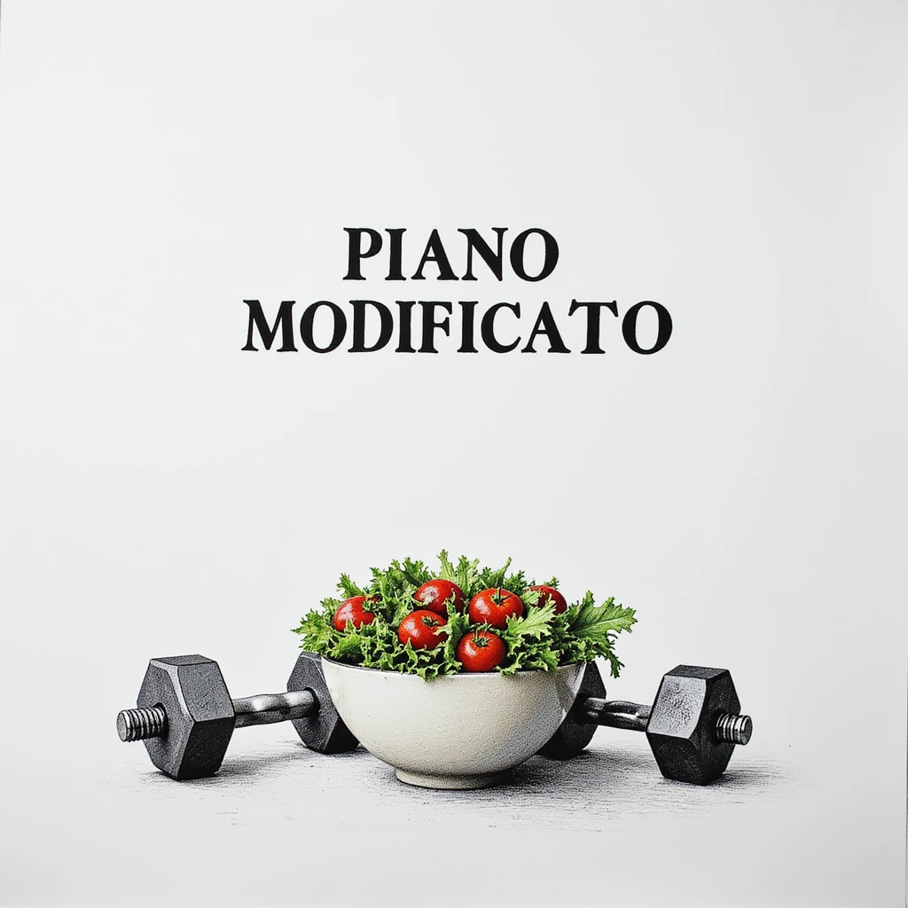 white sheet of paper with the text 'PIANO MODIFICATO', a hyperrealistic 4K drawing of a salad bowl and gym dumbbells, no background emoji