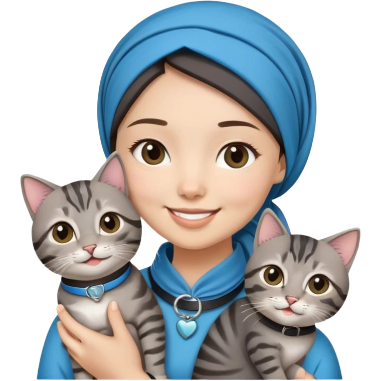 Asian White girl wearing headscarf holding a black grey tabby cat while smiling.  The cat is wearing a blue collar emoji
