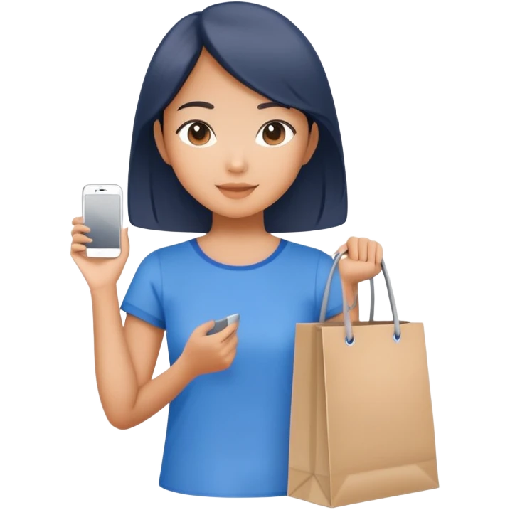 Asian girl in blue top holding a grey shopping bag emoji