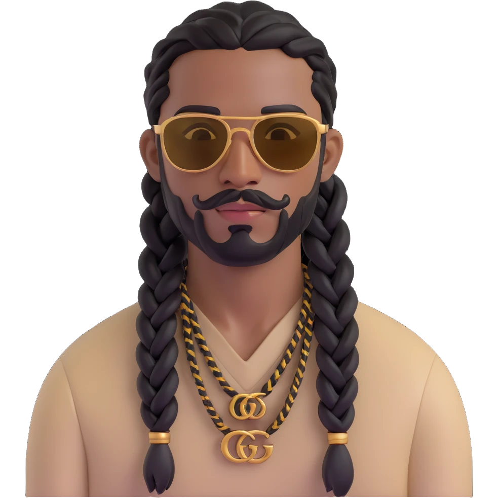 man with medium to dark skin tone, black hair braided into tight braids, neat beard and mustache, rectangular gold sunglasses, light beige Gucci top with GG pattern emoji