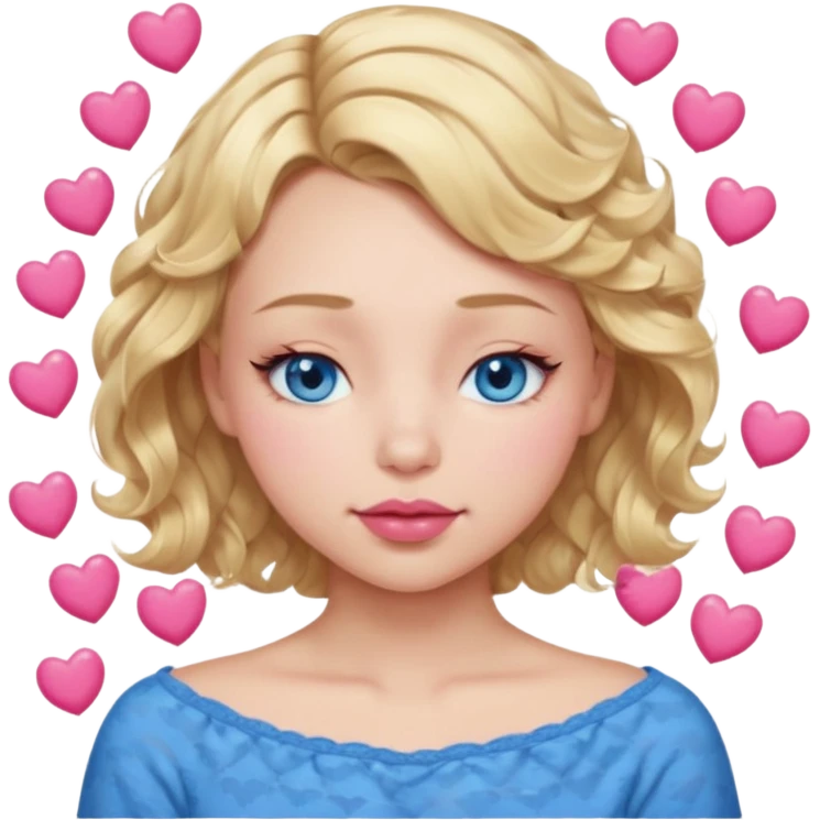 Girl Blonde short wavy hair,  blue eyes, cute blue top, long lashes, pink lips, sleeping eyes closed, hearts  emoji