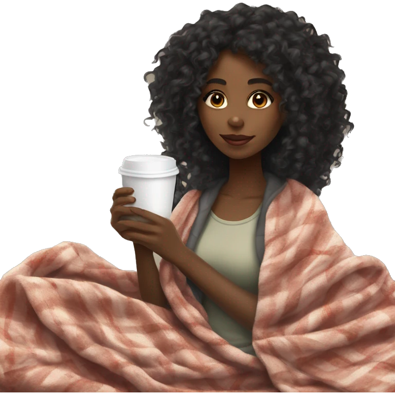 black girl, curly long hair, drinking coffe cozy with a blanket emoji