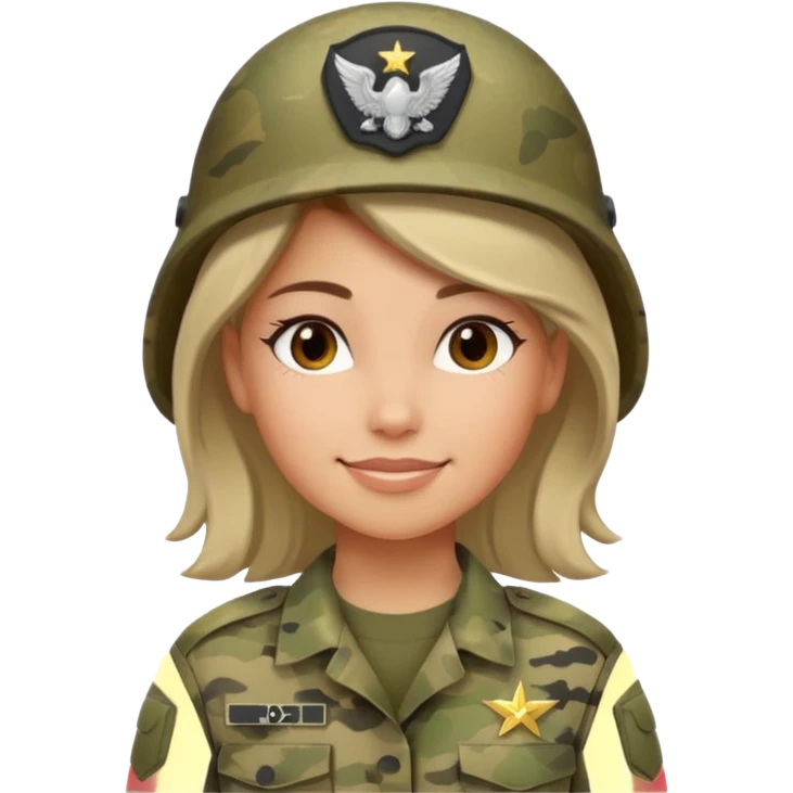 Female soldier emoji in Apple style, no cap/helmet, bust portrait, gentle smile, generic camo, hair visible, soft gradients, transparent PNG emoji