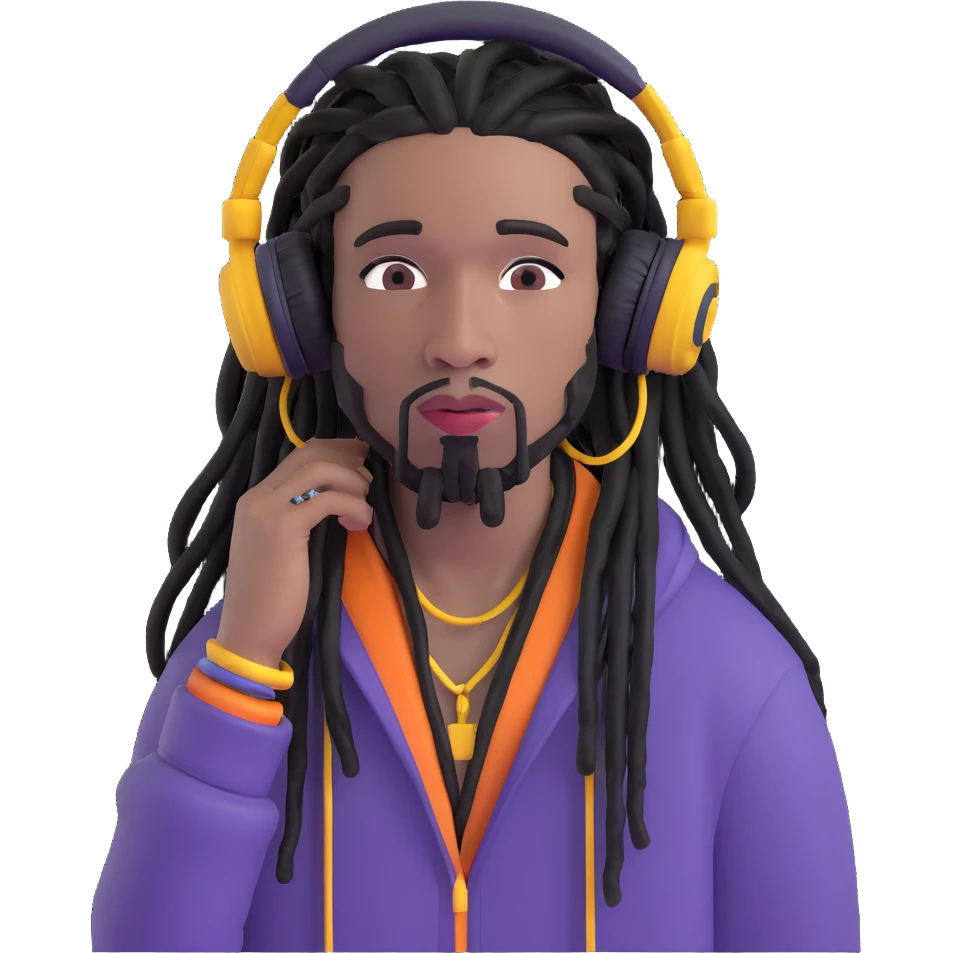 modern rapper with black dreadlocks, headphones around neck, expressive face, graffiti background emoji