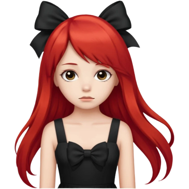 red long twin tail hair girl with black bow on her hair wearing black dress with a sad face emoji