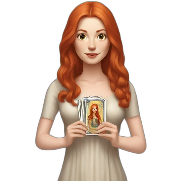 redhead white woman medium long straight hair, holding a tarot card in her hand emoji