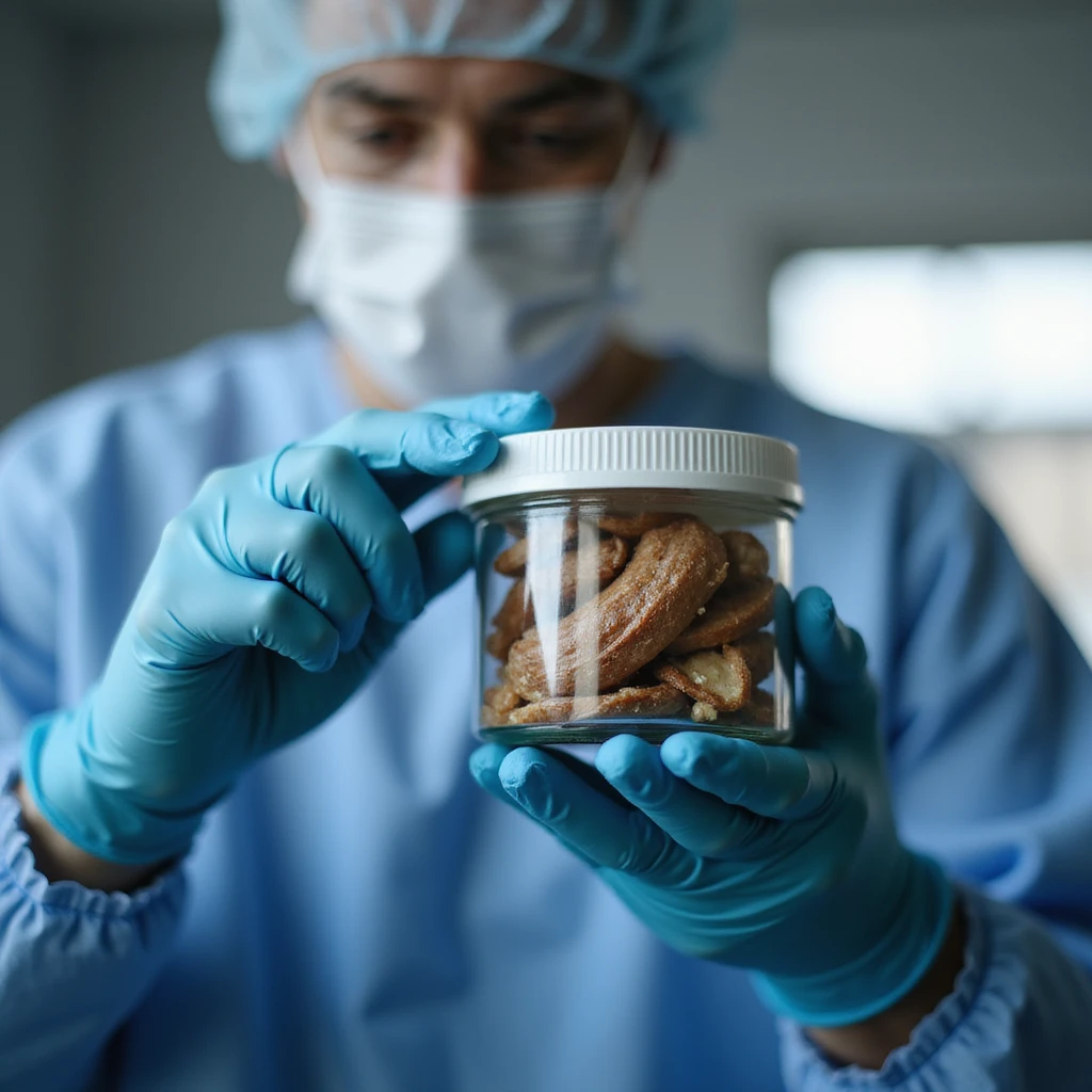 operator wearing gloves and mask sealing jar of dried pig thyroid supplement, pharmaceutical environment, hyperrealistic 4K details emoji