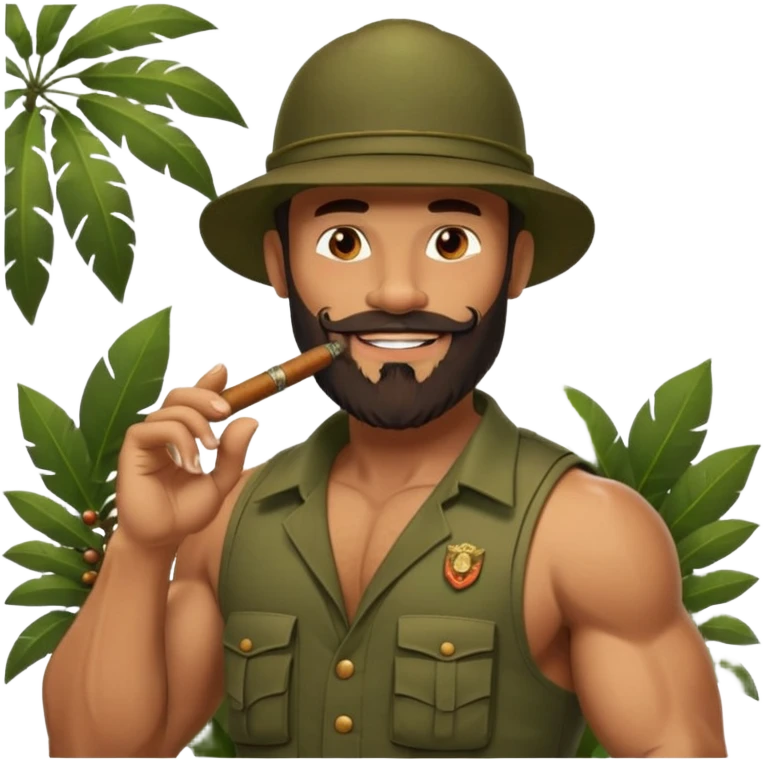 brauny vested bearded jungle commando smoking a cigar with a grin emoji