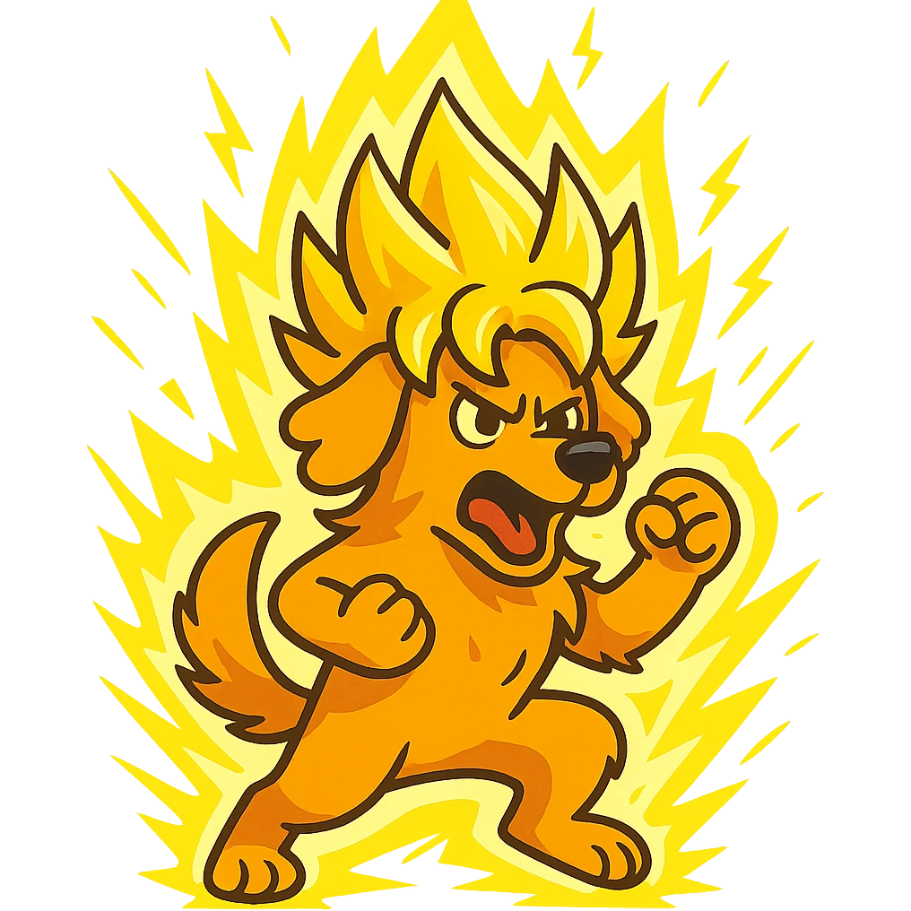 cartoon golden retriever going super saiyan, glowing hair, energy aura, dynamic pose, intense yellow energy emoji