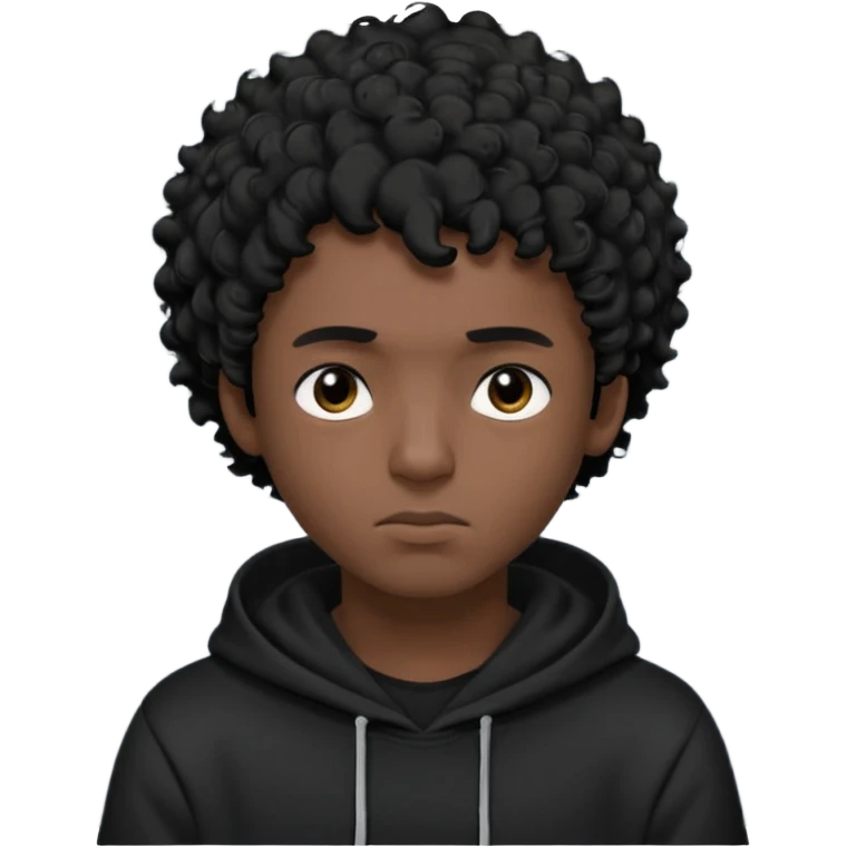 Emoji with guy with curly black hair and short quiff hairstyle, he is looking similar to music artist Central Cee, wear black t-shirt and black hoodie with hood pulled on his head. Looking straight at us, without deforming his face emoji