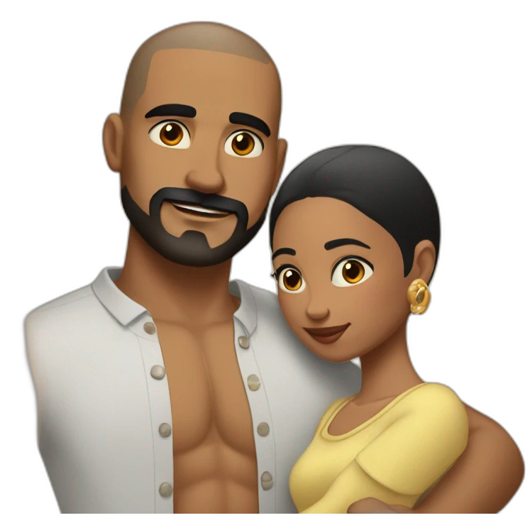Shaved hair latino man with skin fade, detailed moustache and beard, cuddling a black woman with straight black hair and big earrings emoji