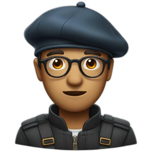 face with no emotion, glasses and backwards beret emoji