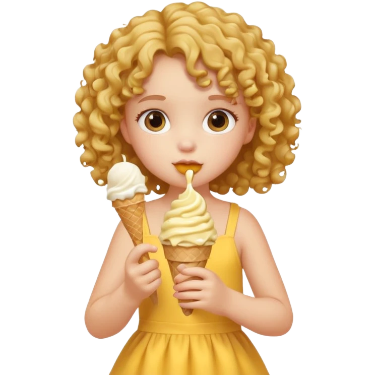 a little girl kid with curly hair, yellow dress, eat ice cream emoji