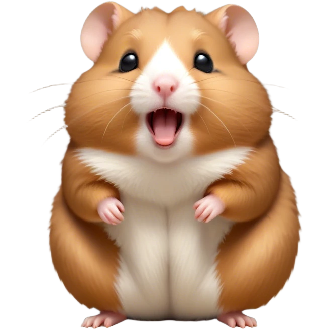 Cinematic Cute Yawning Brown Hamster Portrait Emoji, Head tilted slightly with a dramatic, wide-open yawn, showcasing a smooth, rich brown fur with tiny droopy ears, round dark eyes barely open in drowsy contentment, Simplified yet irresistibly adorable features, highly detailed, glowing with a soft, cozy glow, high shine, relaxed yet expressive, stylized with a touch of whimsy, bright and endearing, soft glowing outline, capturing the essence of a sleepy yet affectionate hamster, so drowsy it feels like it could stretch out of the screen and curl up for a nap! emoji