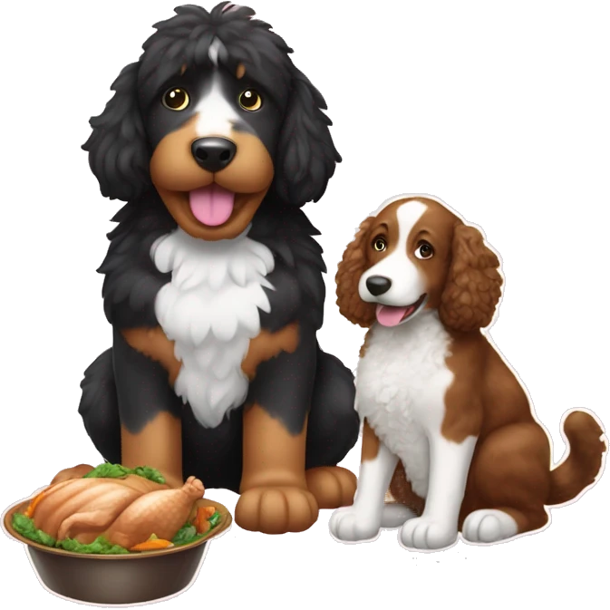 A cat and bernedoodle eating turkey emoji