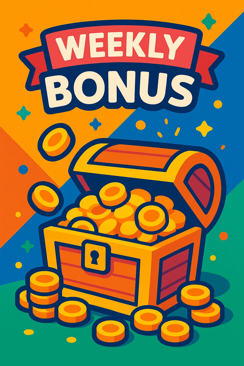 treasure chest overflowing with coins and a 'Weekly Bonus' banner, cheerful game-inspired style emoji