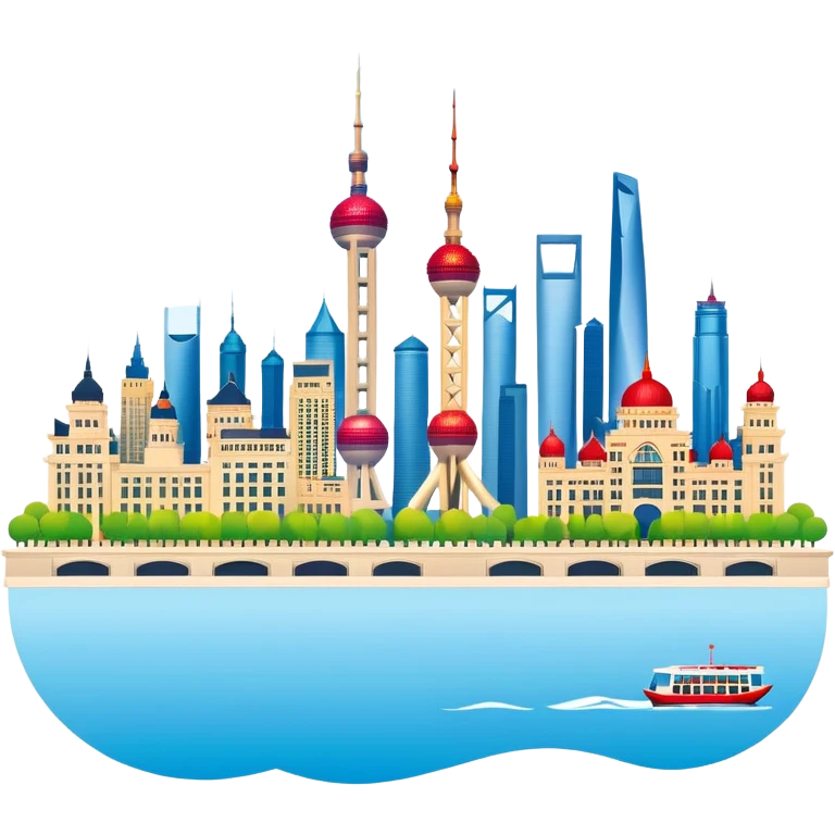 Shanghai The Bund skyline, simplified emoji style with bold outlines and bright colors, cartoon style modern buildings and Oriental Pearl Tower emoji