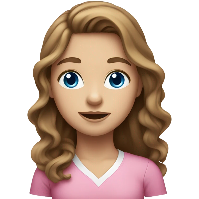 Brown long wavy hair pretty white skin pink shirt girl  blue eyes emoji