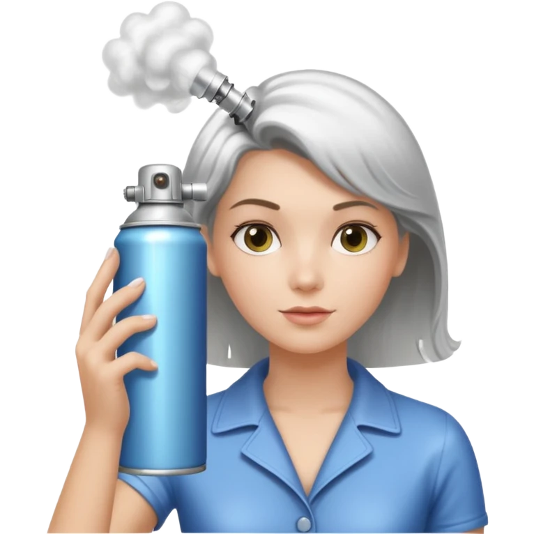 In her hand - a classic aerosol hairspray can (metallic cylinder, small spray nozzle on top). The can is spraying fine mist particles toward her hair, clearly visible as light translucent spray cloud. emoji