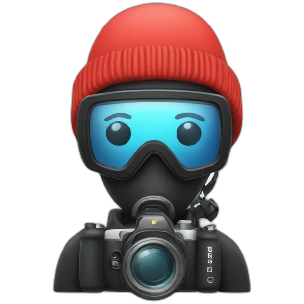 scuba diver, wearing a read beanie and with a camera emoji