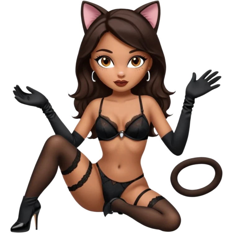 A sexy, super pretty bratz girl with caramel skin. Dark brown hair and brown eyes. She has freckles. Wearing sexy makeup. Dressed as a sexy cat. She’s wearing lingerie with black heels on and long black gloves  emoji