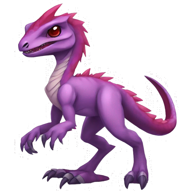 Chibi-Anthro Mauve-maroon-red-colored edgy anthro-genesect-velociraptor-scalie-sona-Fakémon-hybrid with a purple-pink mane on head and back and horns full body emoji