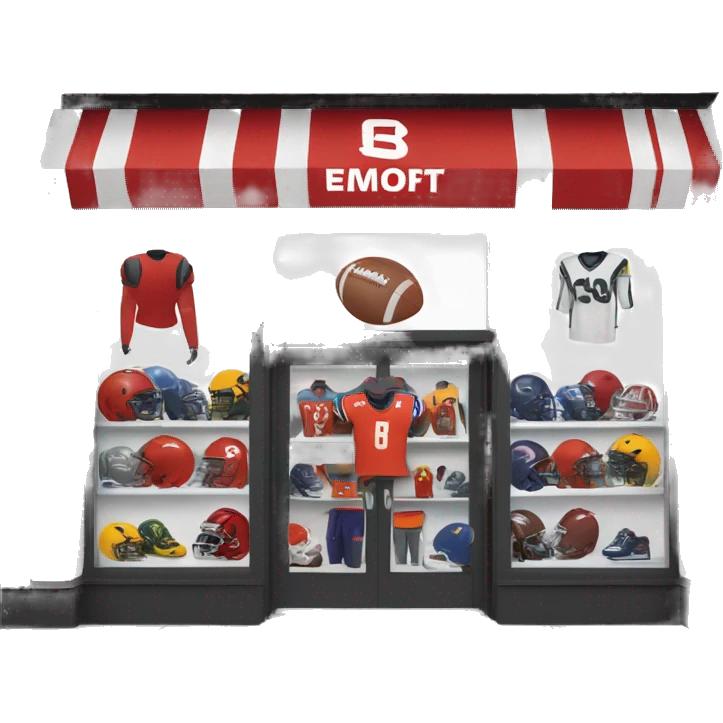 “Football store exterior with bold signage, large windows showcasing football gear, jerseys, and accessories, and a dynamic, athletic design reflecting the energy of the sport.” emoji