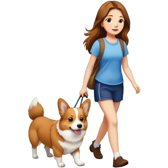A girl with long brown hair walking a corgi emoji