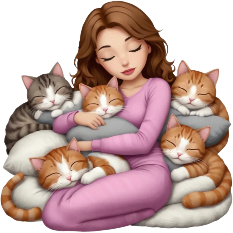 girl with long wavy brown hair, brown eyes, long lashes makeup, sexy pink lips, light to medium complexion,  sleeping on a cozy pillow, with 6 cats: 1 brown and white tabby cat, 1 ginger and white, 2 grey and white, 1 grey with white mittens and small white patch on chest and 1 calico, sleeping emoji