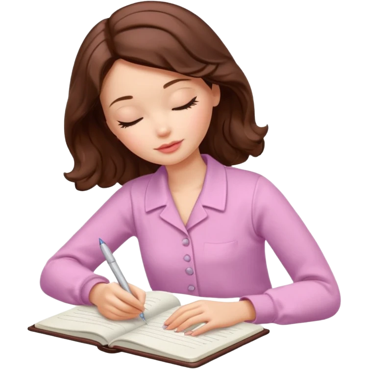 White Barbie girl dark Chestnut bob wavy hair sleeping with In pale creamy color clothes, he writes in a notebook emoji