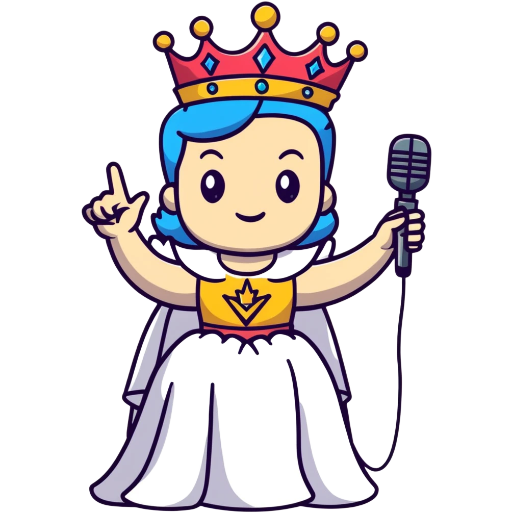 rock and roll queen with crown, microphone, rock star pose, energetic emoji