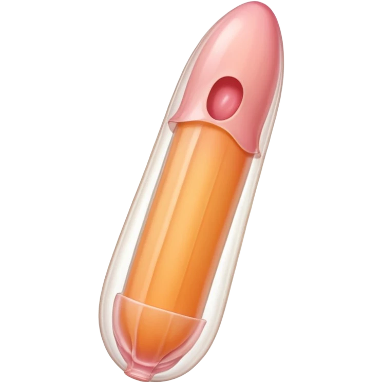 transparent condom fully covering cylindrical beige-pink penis shaft, no face. at top of penis, add glans tip that is covering approximately 1/5th length of the penis, peach shaped tip and corona line. at the bottom end/base of penis make it flat. add reservoir tip to top of condom emoji