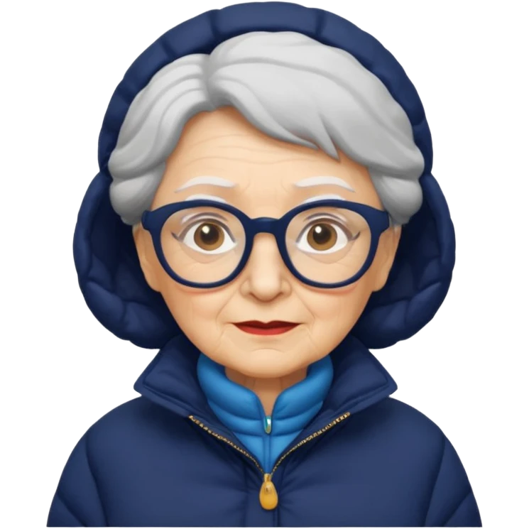 old wo man in navy puffy winter coat, wearing glasses emoji