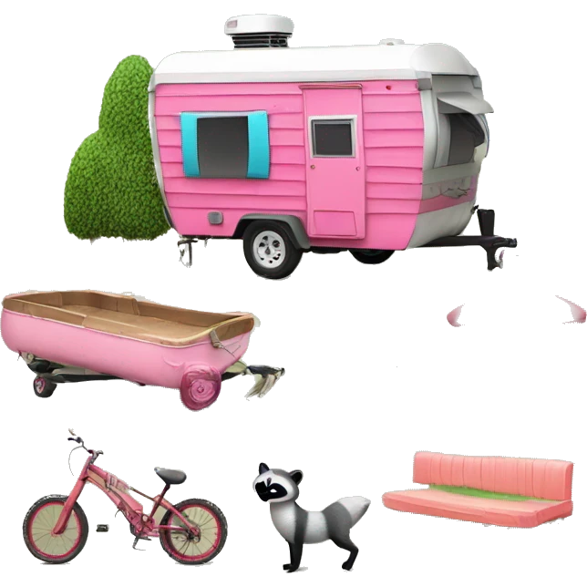 **Create a playful "Trailer Trash" emoji featuring a cartoon mobile home, a lawn flamingo, and a cheeky raccoon. It should have a vibrant color palette and a humorous expression, embodying carefree, rustic living.** emoji