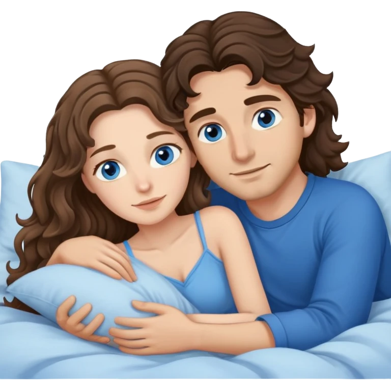 Man with dark brown wavy hair with brown eyes and one woman with long dark blond wavy hair with blue eyes in bed cuddling  emoji