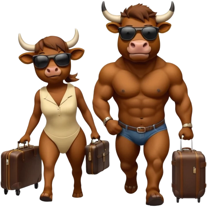 generate an emoji of a group of up to 8 male and female bulls travelling together on holidays. One bull has a suitcase, one has sunglasses, one is carrying a cocktail. They're all in motion, walking together. Make the characters look like bulls emoji