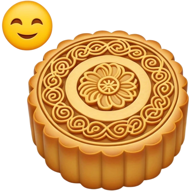 Mid-Autumn Festival mooncake with decorative pattern on top, simplified emoji style with bold outlines and bright colors, cartoon style round pastry with filling emoji