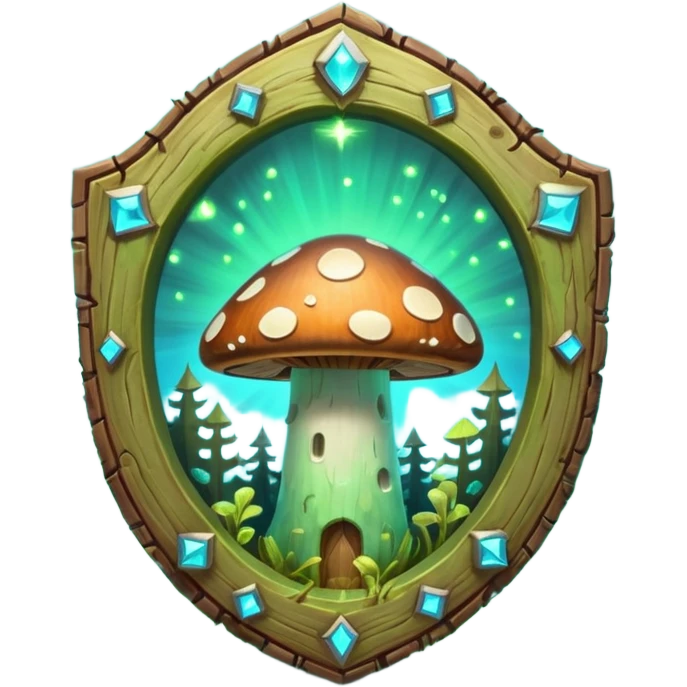 magical mushroom shield object icon, shield crafted from mushroom bark, glowing spores, fantasy forest design, soft green-blue aura, 3D cartoon, mobile game icon style, centered, clean background, no text, no watermark
 
 emoji
