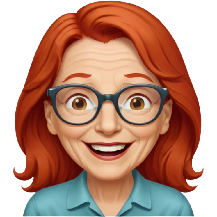 obese; older 50's ; long red hair ; women hazel eyes; glasses ; laughing emoji