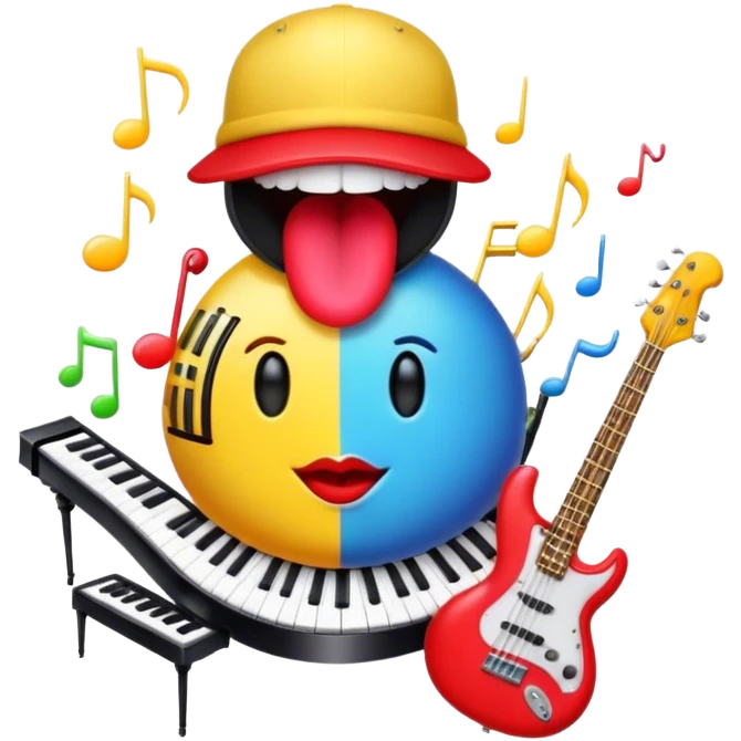 Create a vibrant and creative emoji that represents beatboxing. The design should feature a microphone with a cap placed on top, with oversized lips peeking out from under the cap. From the lips, bass clefs should be flying out, along with a variety of musical instruments (like a drum, electric guitar, and piano keys) to symbolize the blend of rhythm and creativity in beatboxing. Use bold, energetic colors like neon red, yellow, and blue to capture the lively and street-savvy essence of beatboxing. The background should be transparent. emoji