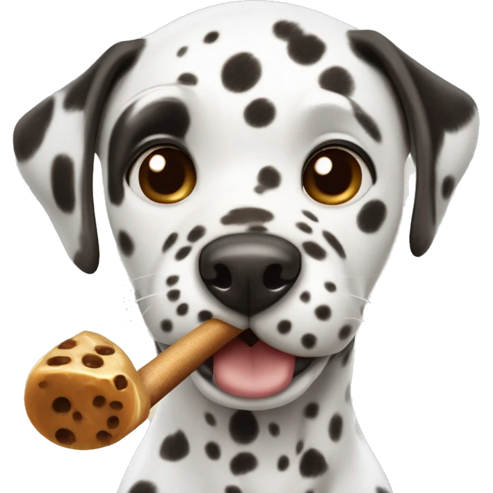 A Dalmatian with brown spots holds a caramel cane in his teeth emoji