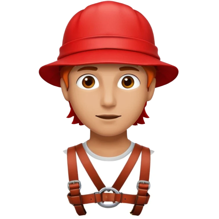 Wearing a Red leather chest harness and red leather cap hat emoji