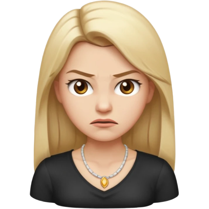 Cartoon emoji of a girl with long, straight blonde hair, fair skin, soft brown eyes. Wearing a white top with a delicate necklace, angry facial expression, furrowed brows, slightly pursed lips. Smooth, simple, stylized. emoji