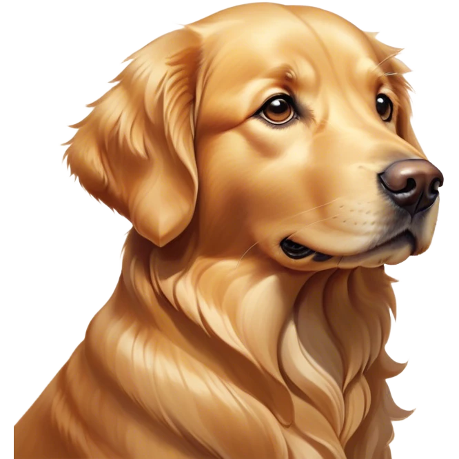 Cinematic Noble Golden Retriever Portrait Emoji, Poised and regal, with a strong, athletic build and a lustrous, well-groomed golden coat, deep-set soulful brown eyes, Simplified yet sharp and sophisticated features, highly detailed, glowing with a soft, dignified glow, high shine, intelligent and friendly, stylized with an air of warmth, focused and attentive, soft glowing outline, capturing the essence of a watchful and confident companion, so majestic it feels as though it could bound out of the screen with effortless authority! emoji