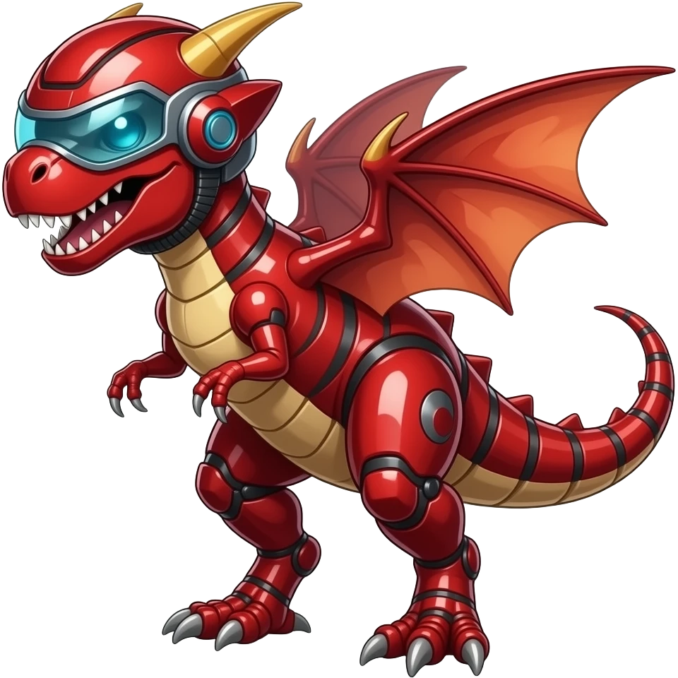 a shiny red Genesect-Flygon-trex-Fakémon—hybrid with a futuristic visor-helmet full body emoji