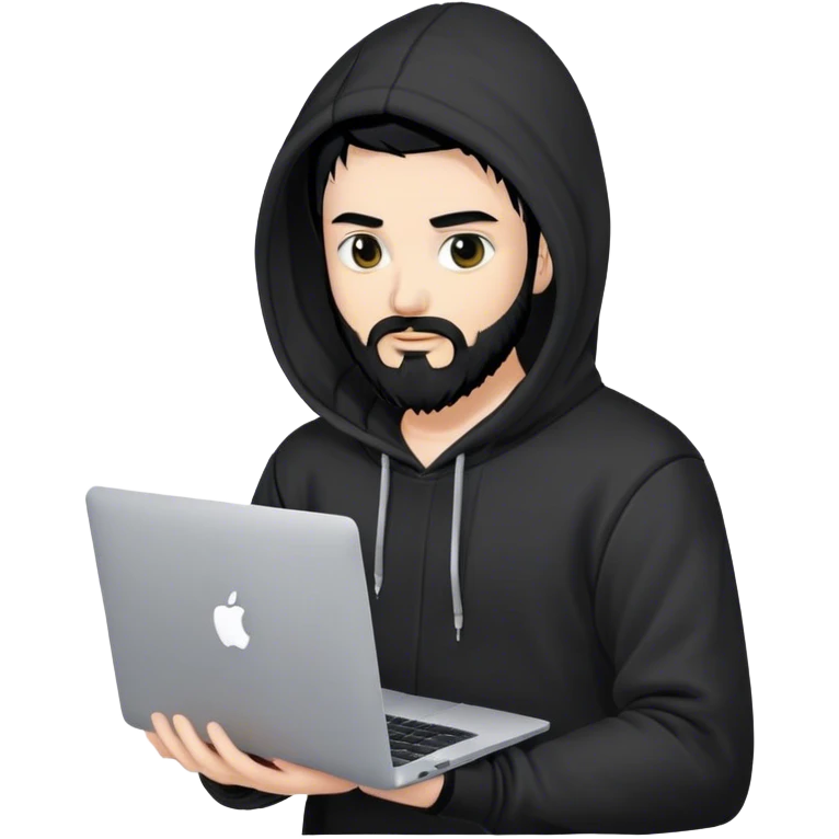 hackeur blanc cheveux noir barbe et capuche noir avec un macbook emoji