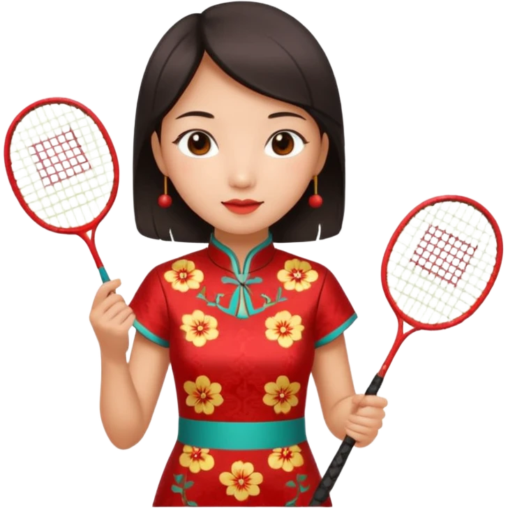 ancient cheongsam girl with 1 badminton racket, red emoji