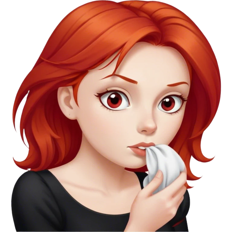a woman with red hair and red eyes sniffing a white sock. The woman wear a black  dress emoji