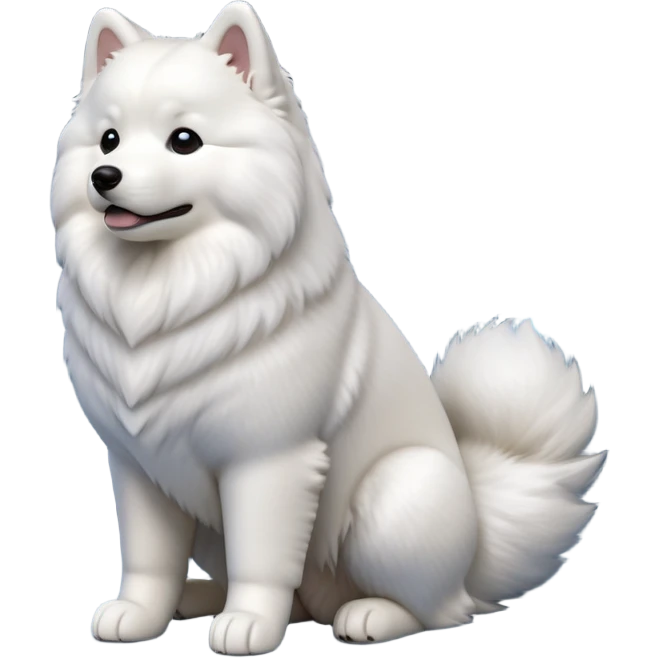 cinematic-[samoyed]-realistic-full-body-sitting-emoji,-tail-resting-loosely-beside-its-paws,-head-tilted-dramatically, -fluffy-[white]-fur,-simplified-yet-realistic-focused-features,-highly-detailed,-glowing-with-an-almost-sarcastic-glow emoji